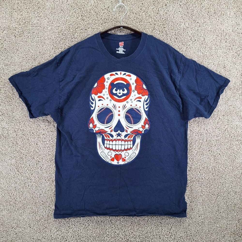 Hanes T-Shirt Mens XL Blue Chicago Cubs Sugar Skull Day of the Dead MLB Baseball